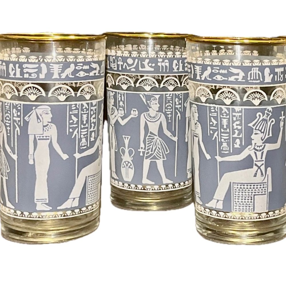3 Jeanette Co Grecian Wedgewood Blue Drinking Glasses Gilt Rim Vintage